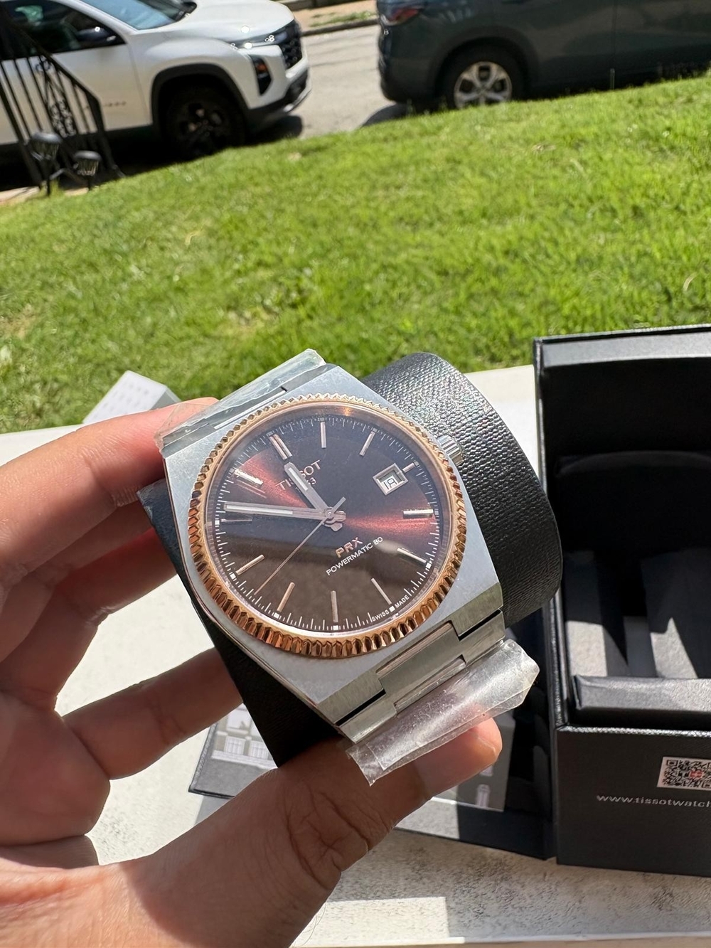 Tissot PRX Two-Tone Silver and 18k Rose Gold Watch with Brown Sunburst Dial